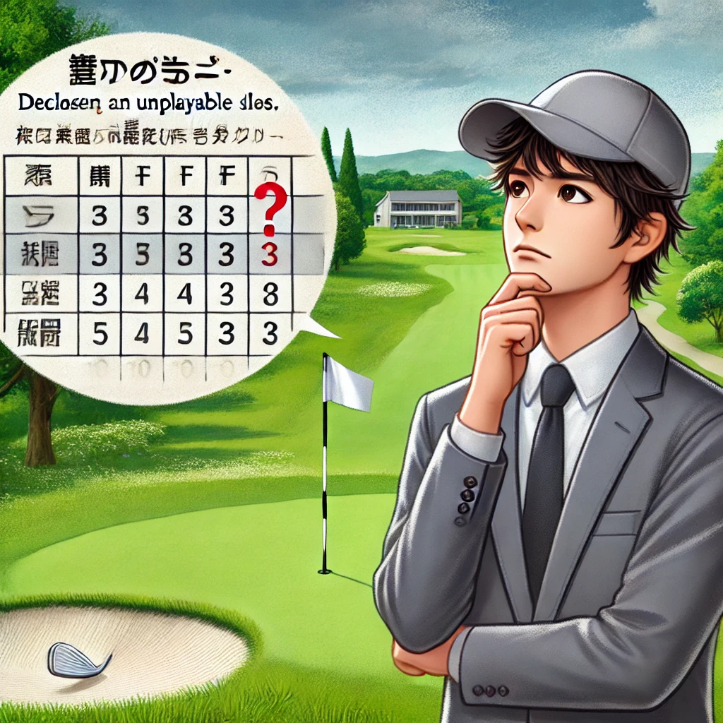 A-realistic-photo-illustration-of-a-Japanese-golfer-in-a-situation-where-they-are-assessing-a-penalty-for-declaring-an-unplayable-lie.-The-golfer-is-s.webp