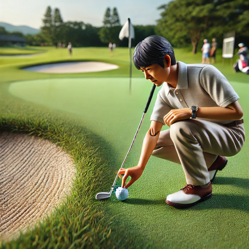 A-realistic-photo-illustration-of-a-Japanese-golfer-executing-an-unplayable-lie-procedure-on-a-golf-course.-The-golfer-is-carefully-placing-a-ball-aft.webp