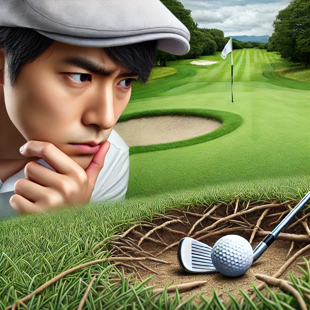 A-detailed-and-realistic-photo-illustration-of-a-Japanese-golfer-considering-an-unplayable-lie-on-a-golf-course.-The-golfer-is-shown-assessing-a-diffi.webp