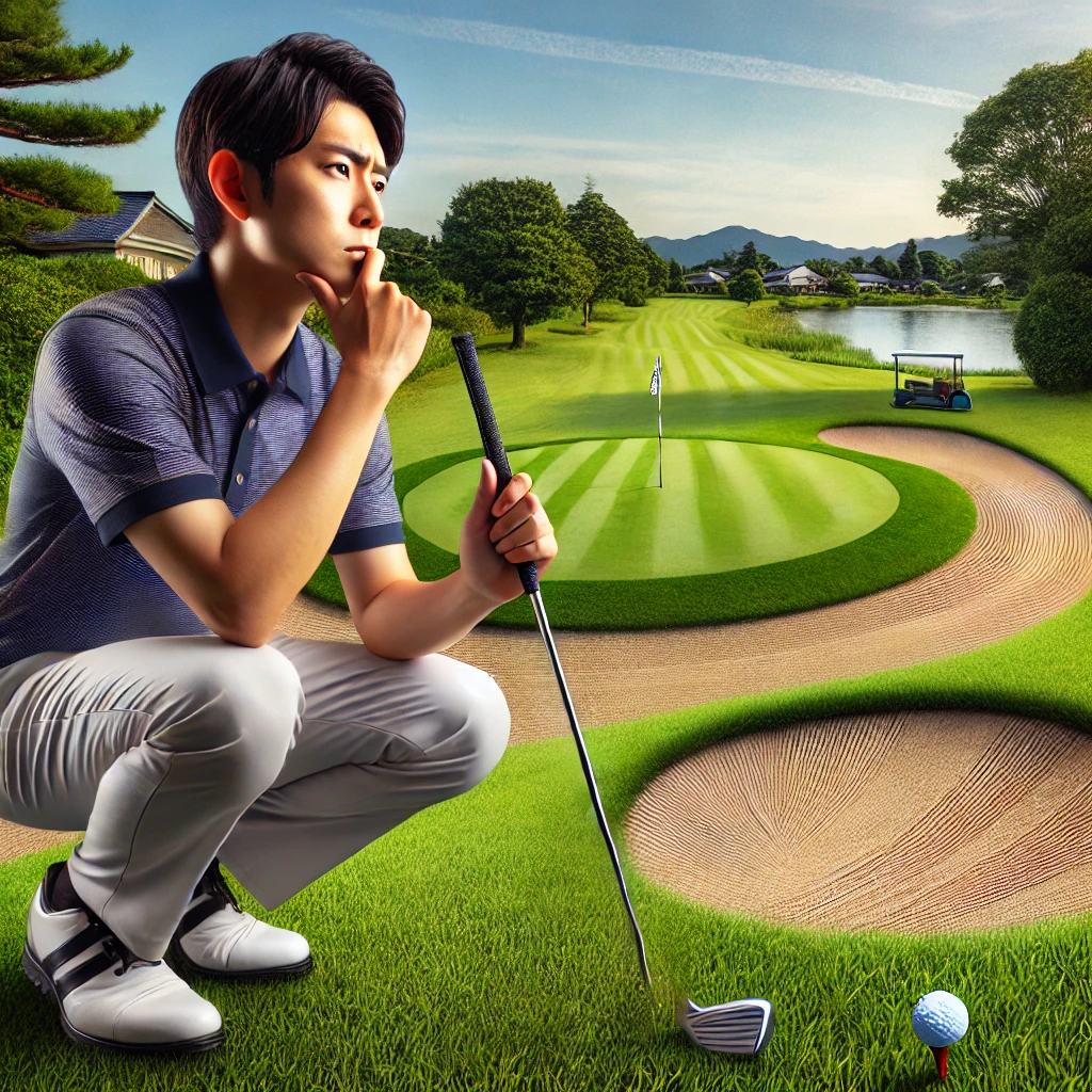 A-realistic-and-visually-appealing-photo-illustration-of-a-Japanese-golfer-on-a-golf-course-thoughtfully-considering-how-to-handle-an-unplayable-lie-.webp