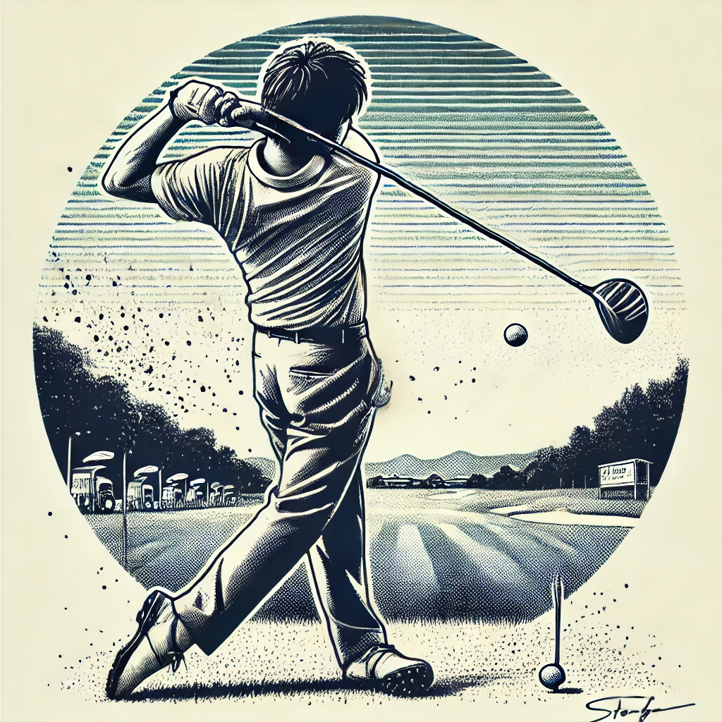 A-detailed-illustration-of-a-Japanese-professional-golfer-practicing-an-advanced-swing-technique.-The-golfer-is-shown-from-a-low-angle-to-emphasize-th.webp