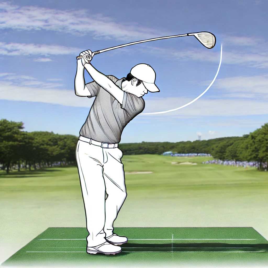 A-detailed-illustration-of-a-Japanese-golfer-at-the-top-of-their-backswing-lifting-the-club-high-and-far-from-the-body.-The-angle-shows-a-side-view-o.webp