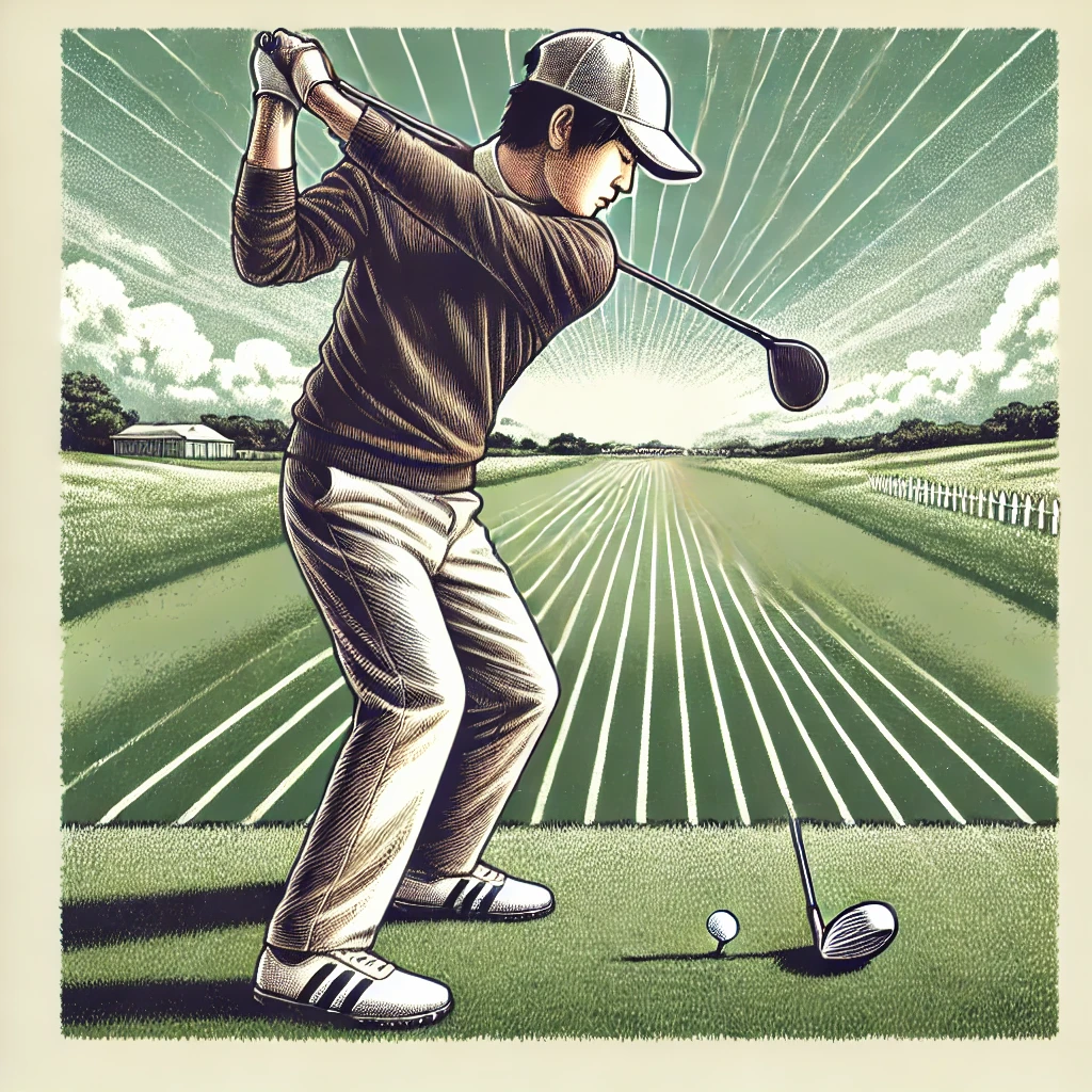 A-detailed-illustration-of-a-Japanese-golfer-practicing-their-swing.-The-golfer-is-captured-from-a-front-view-focusing-on-the-moment-when-they-are-tr.webp