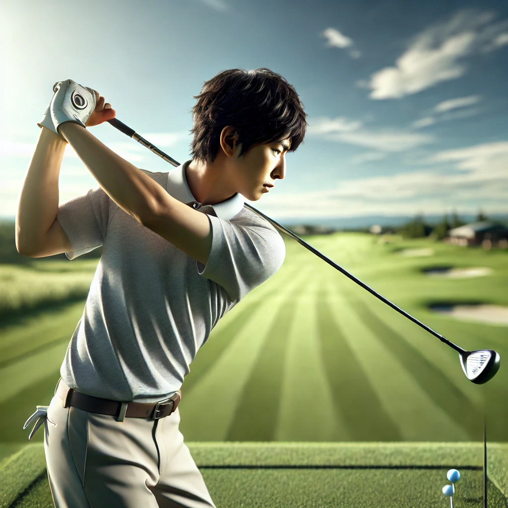 -A-detailed-photo-realistic-image-of-a-Japanese-golfer-focusing-on-a-controlled-downswing-where-the-club-is-brought-far-away-from-the-body-to-stabilize.webp