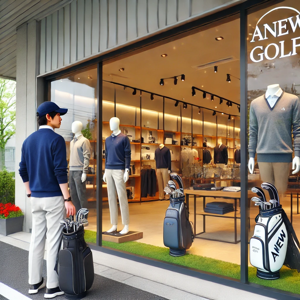 A-photo-showing-a-Japanese-golfer-standing-outside-a-stylish-golf-store-in-Japan.-The-storefront-has-a-modern-design-with-large-windows-displaying-gol.webp