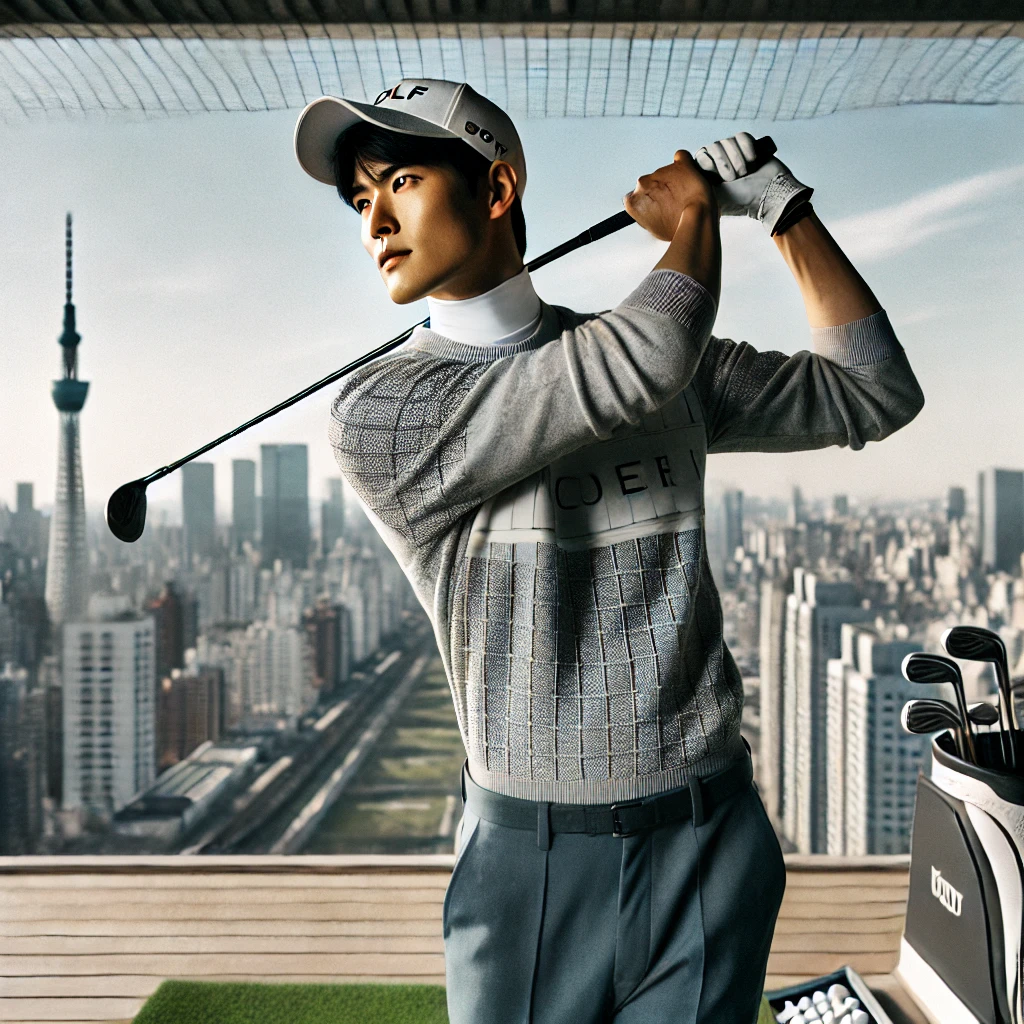 A-stylish-photo-featuring-a-Japanese-golfer-wearing-modern-golf-apparel-with-an-urban-cityscape-in-the-background-highlighting-the-brands-Korean-or.webp