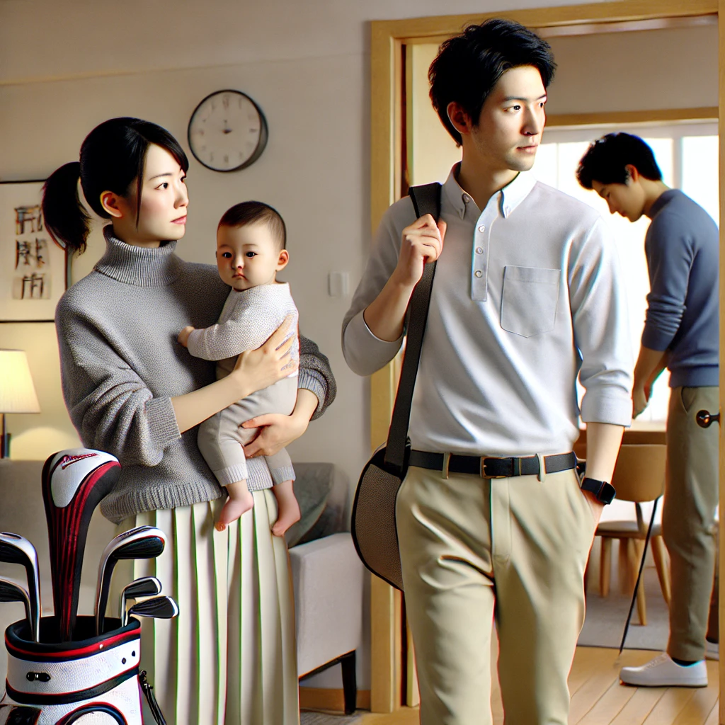 A-realistic-photo-of-a-Japanese-family-at-home-focusing-on-a-mother-holding-a-baby-in-her-arms.-The-father-is-preparing-to-leave-dressed-in-casual-g.webp