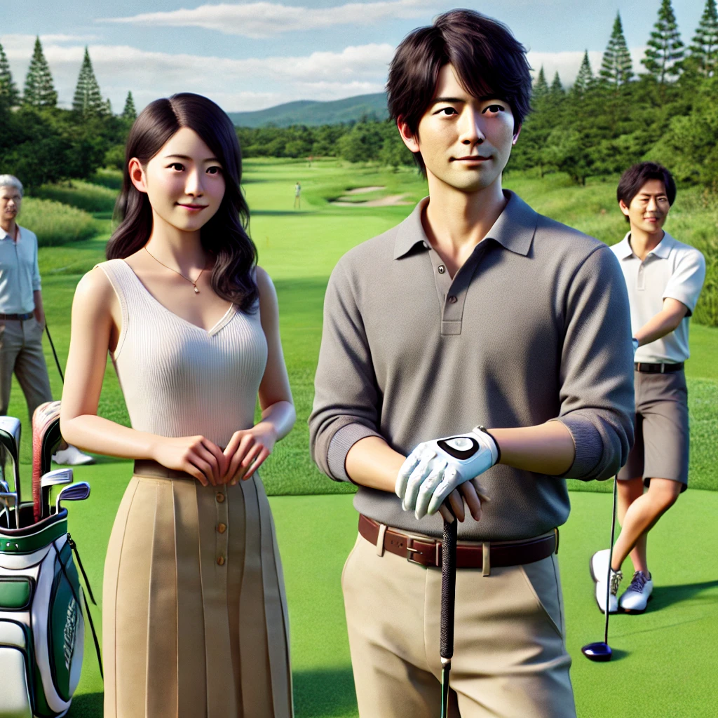 A-realistic-photo-of-a-Japanese-man-on-a-golf-course-standing-with-his-golf-club-while-a-Japanese-woman-who-could-be-perceived-as-a-colleague-or-fr.webp