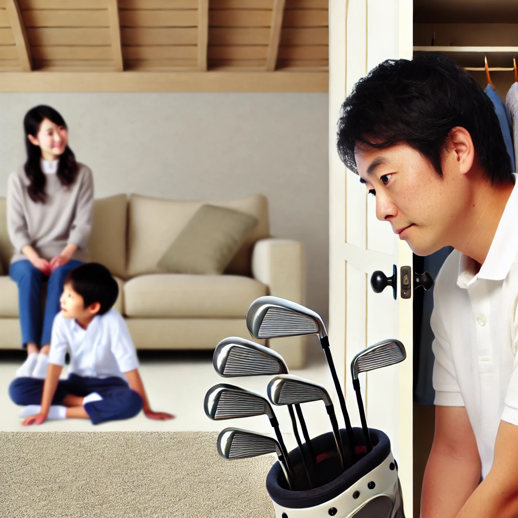 A-realistic-photo-of-a-Japanese-family-at-home.-The-father-is-quietly-maintaining-his-golf-clubs-in-a-separate-room-while-the-rest-of-the-family-mot.webp