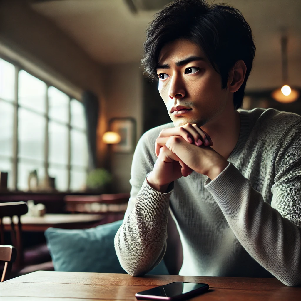 A-realistic-photo-of-a-Japanese-man-sitting-alone-in-a-cafe-looking-thoughtful-and-concerned-with-his-smartphone-on-the-table.-The-atmosphere-is-som.webp