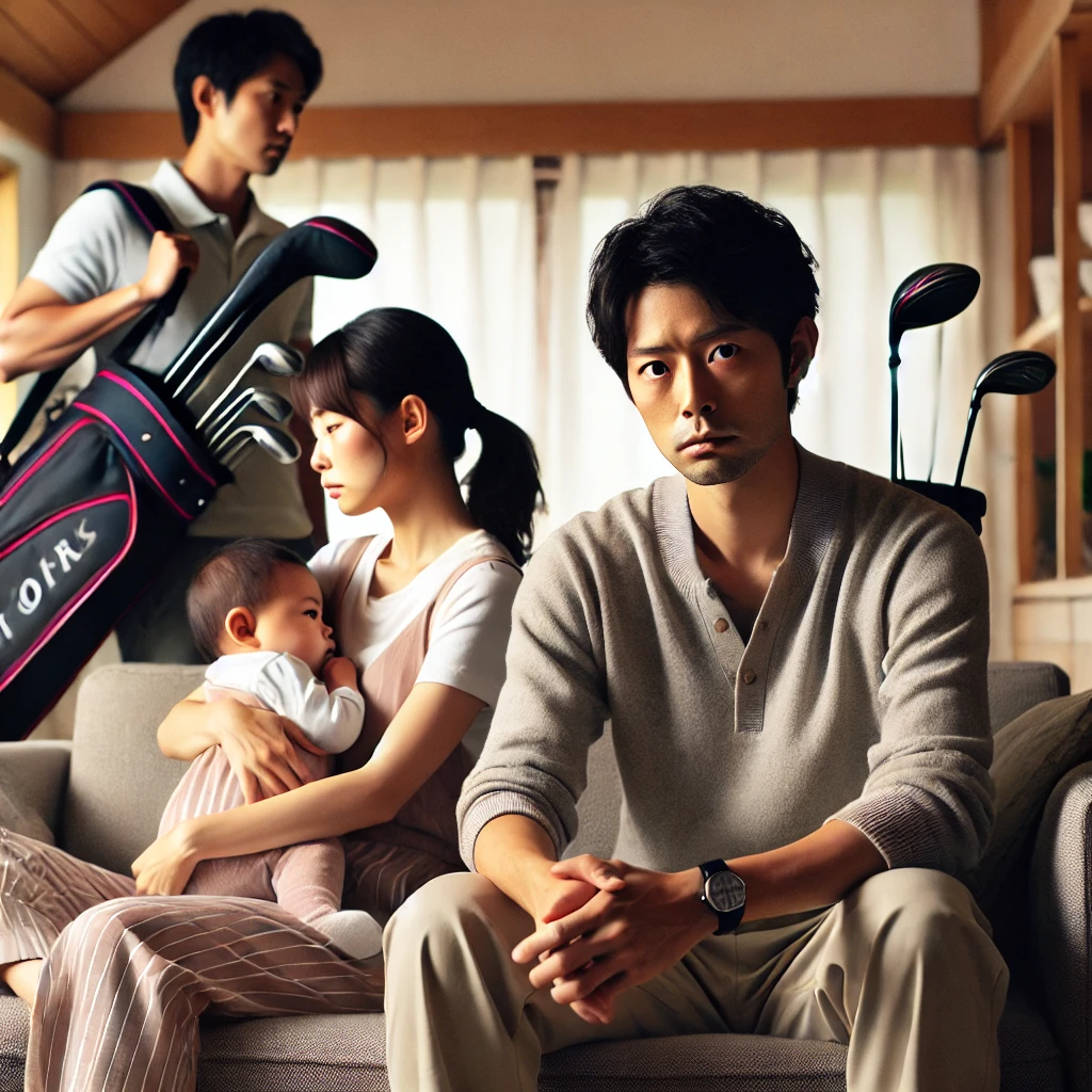 A-realistic-photo-of-a-Japanese-family-at-home-with-a-husband-preparing-to-go-for-golf-while-the-wife-looks-disappointed-and-uninterested.-The-settin.webp