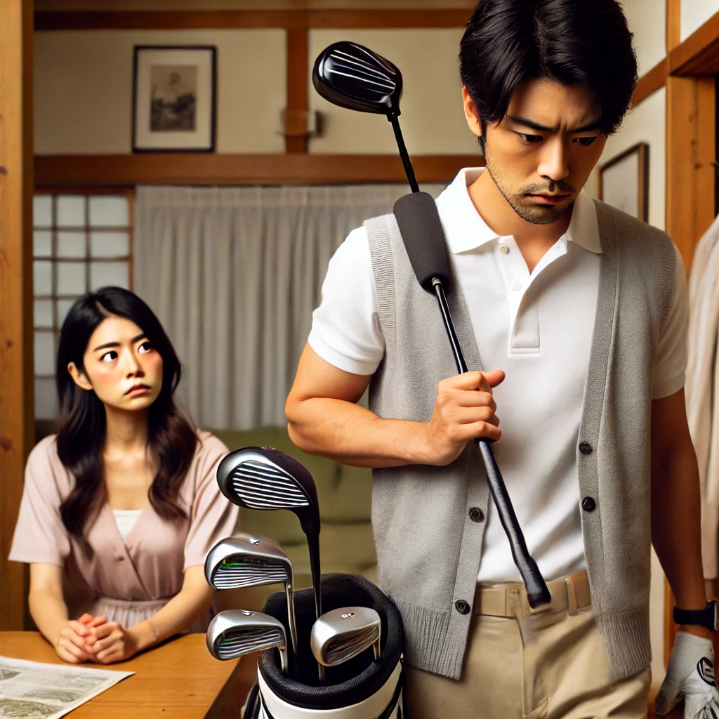 A-realistic-photo-of-a-Japanese-couple-at-home.-The-husband-is-preparing-to-leave-for-a-golf-game-holding-golf-clubs-while-the-wife-looks-concerned-.webp