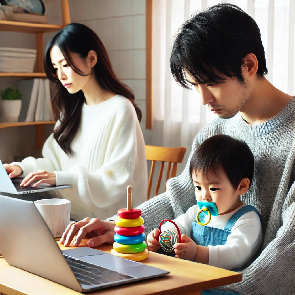 A-photo-of-a-Japanese-family-in-their-home-where-both-parents-are-busy-working-and-the-child-is-playing-alone.-The-atmosphere-suggests-the-parents-ar.webp