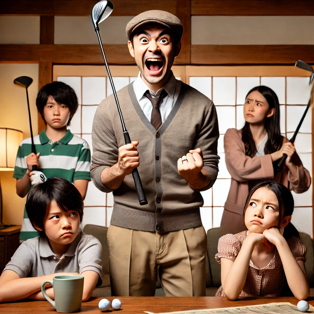 A-Japanese-family-at-home-where-the-husband-is-holding-a-golf-club-and-looking-excited-while-the-wife-and-children-look-frustrated-and-unhappy-conv.webp