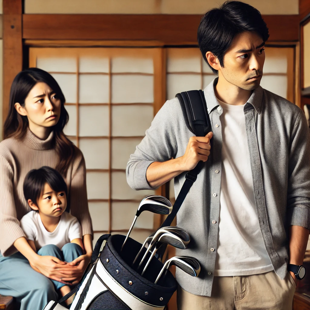 A-Japanese-family-at-home-looking-tense-and-distant-from-each-other.-The-father-is-holding-a-golf-bag-ready-to-leave-while-the-mother-and-child-loo.webp