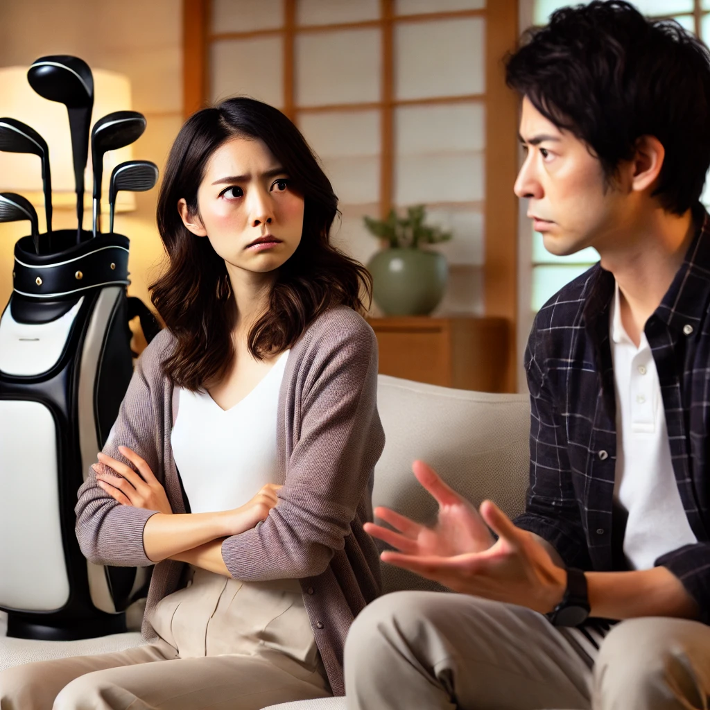 A-Japanese-couple-having-a-serious-argument-at-home-with-a-golf-bag-visibly-in-the-background.-The-woman-looks-frustrated-while-the-man-appears-defe.webp