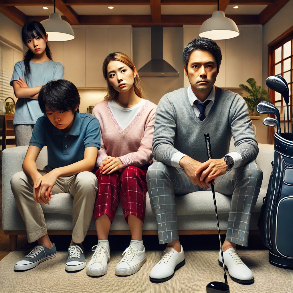 -realistic-photo-of-a-Japanese-family-at-home-sitting-together-with-a-tense-atmosphere.-The-father-is-holding-a-golf-club-or-wearing-golf-attire-wh.webp