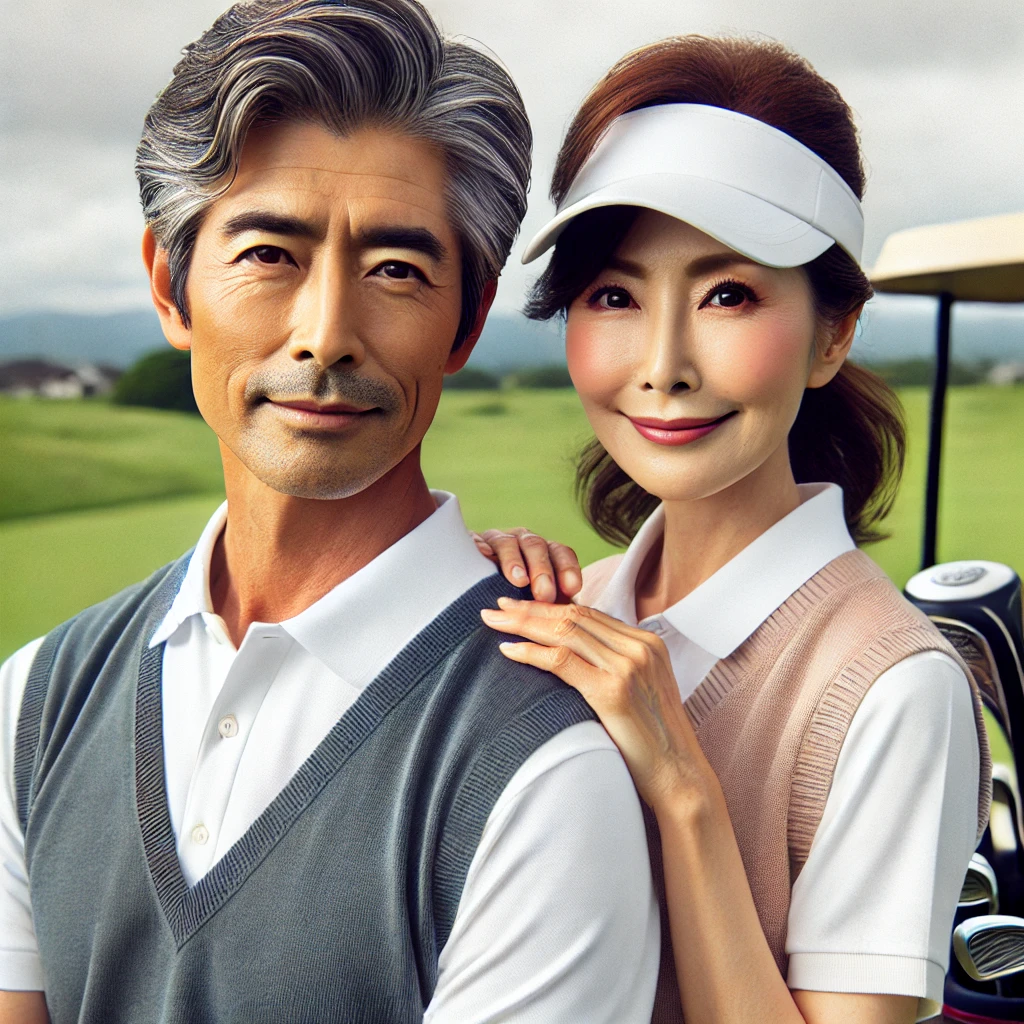 A-realistic-photograph-of-a-stylish-Japanese-couple-in-their-50s-both-dressed-in-modern-golf-attire.-The-man-and-woman-should-be-standing-together-on.webp