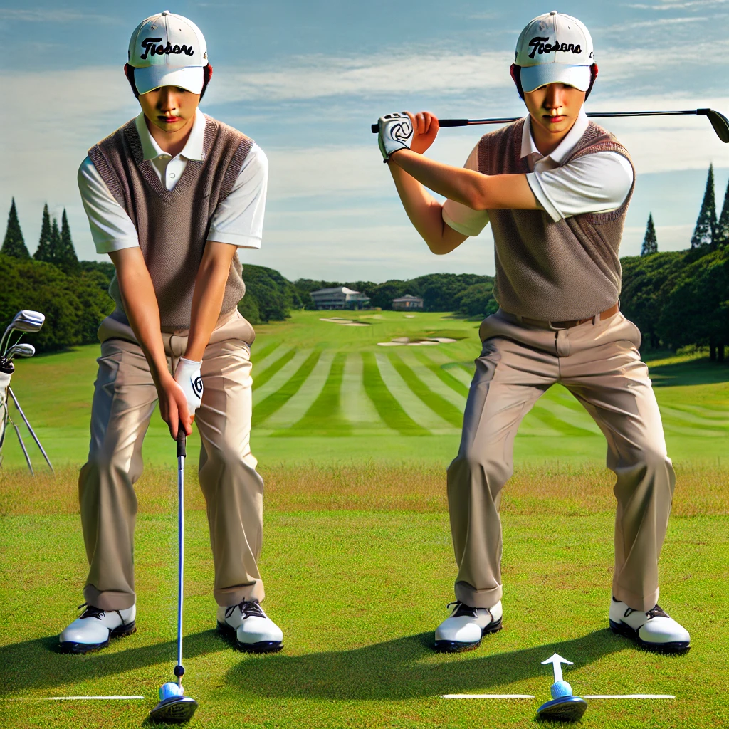 A-Japanese-golfer-on-a-golf-course-demonstrating-different-weight-distribution-techniques-in-their-stance.-The-golfer-is-shown-in-two-poses-one-with-.webp