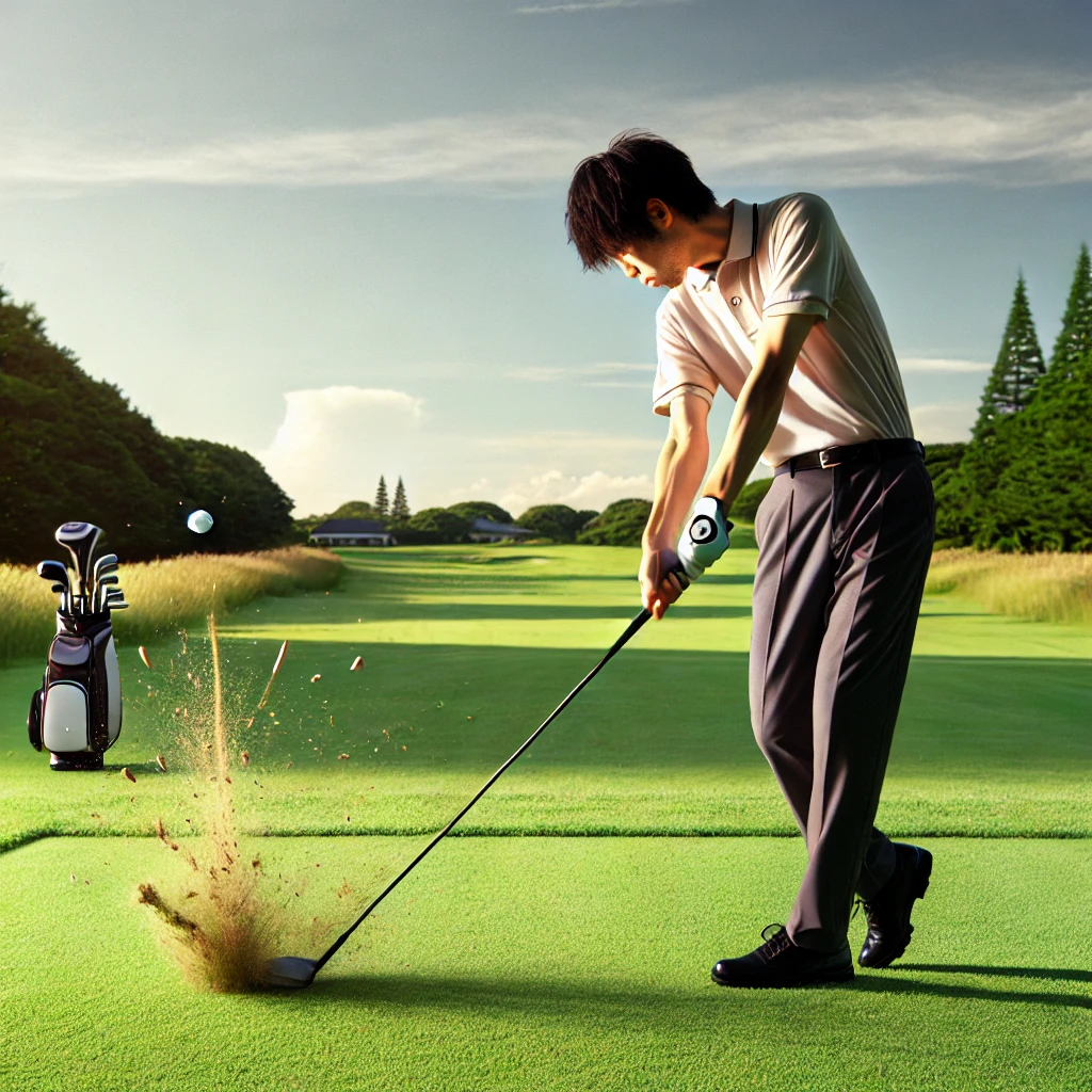 A-Japanese-golfer-on-a-golf-course-experiencing-a-shank-shot-due-to-heel-weight.-The-golfer-is-dressed-in-typical-golfing-attire-and-the-ball-is-veeri.webp