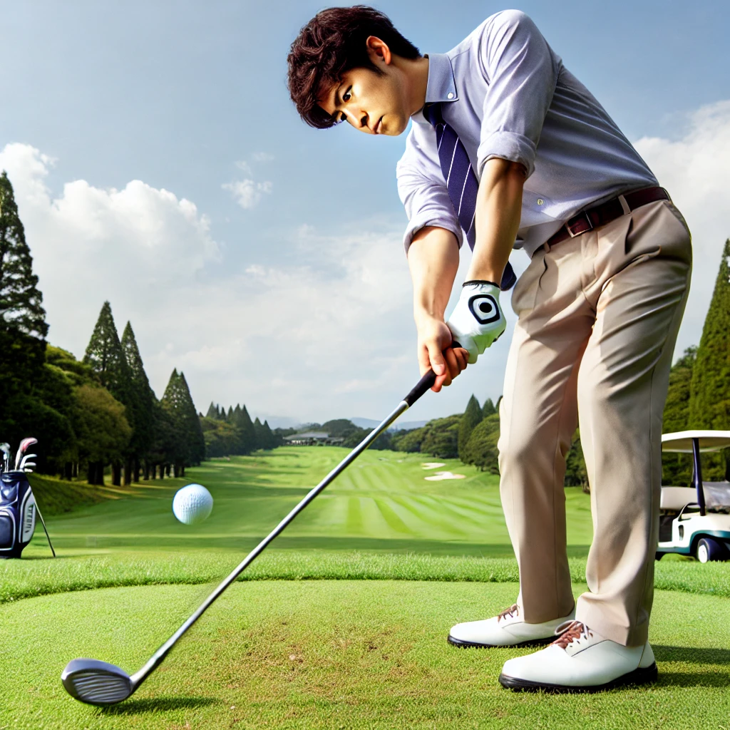 A-Japanese-golfer-on-a-golf-course-experiencing-a-slice-shot-due-to-heel-weight.-The-golfer-is-dressed-in-typical-golfing-attire-and-the-ball-is-visib.webp