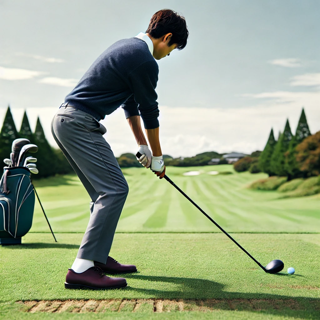 A-Japanese-golfer-practicing-their-swing-on-a-golf-course.-The-image-focuses-on-the-stance-showing-the-golfer-balancing-their-weight-on-their-heels-.webp