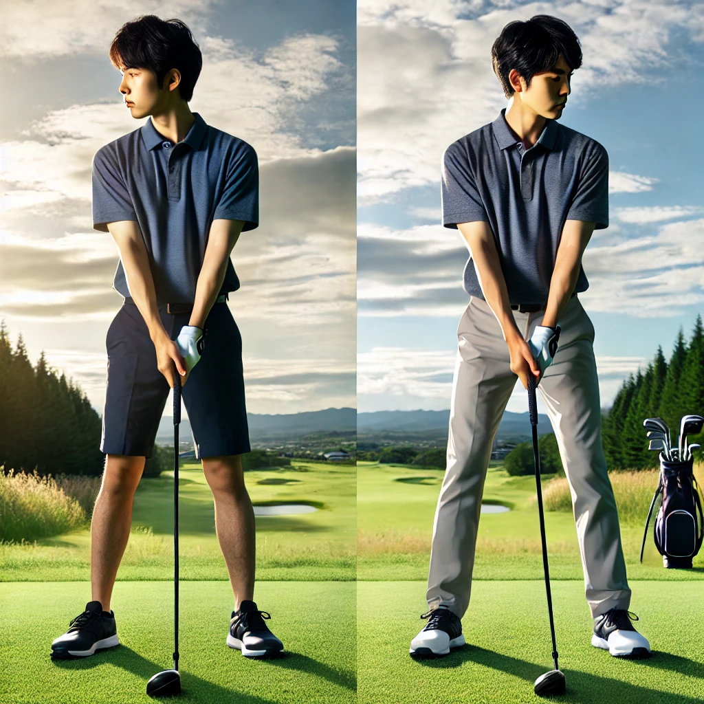 A-Japanese-golfer-on-a-golf-course-comparing-two-different-stances_-one-with-weight-on-the-toes-toe-weight-and-the-other-with-weight-on-the-heels-h.webp