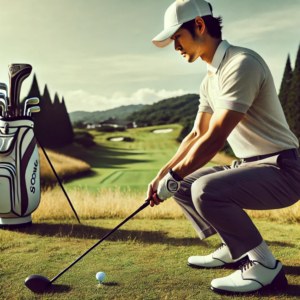 A-Japanese-golfer-on-a-golf-course-testing-different-stances-to-determine-the-best-weight-distribution-for-their-swing.-The-golfer-is-trying-out-both-.webp