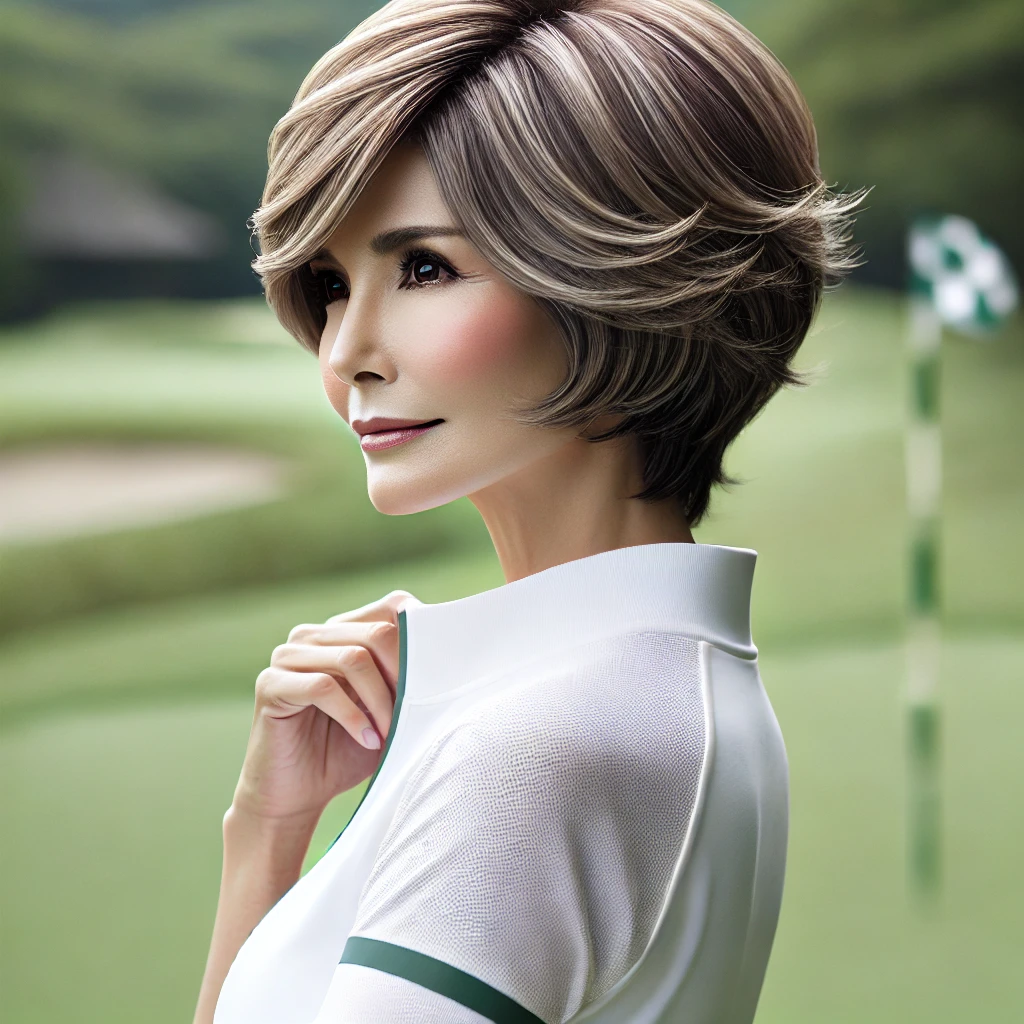 A-realistic-photograph-of-a-50-year-old-Japanese-woman-in-golf-wear-with-a-stylish-Kubire-Short-with-Creage-Color-hairstyle.-She-is-standing-in-an-o.webp