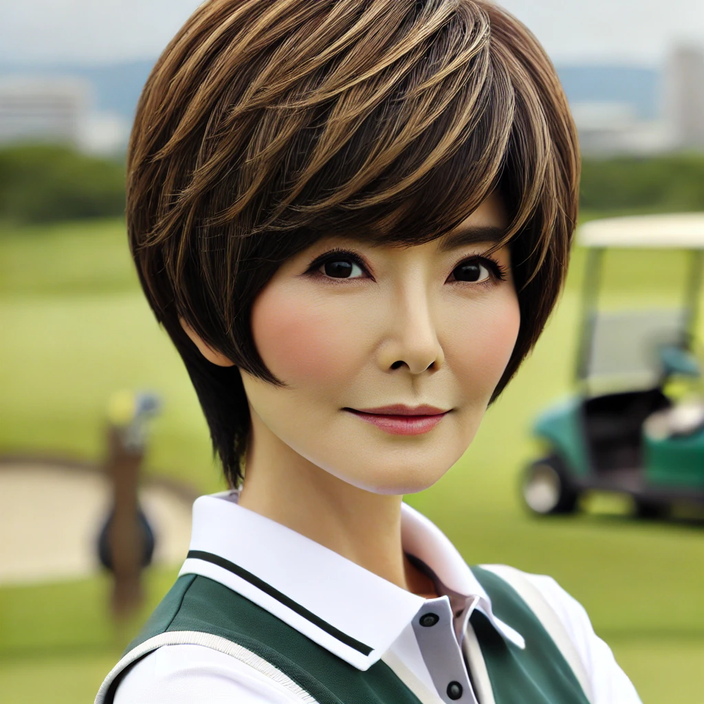 A-realistic-photograph-of-a-50-year-old-Japanese-woman-in-golf-wear-with-a-stylish-Mush-Short-Bob-and-Wolf-Cut-hairstyle.-She-is-standing-outdoors-i.webp