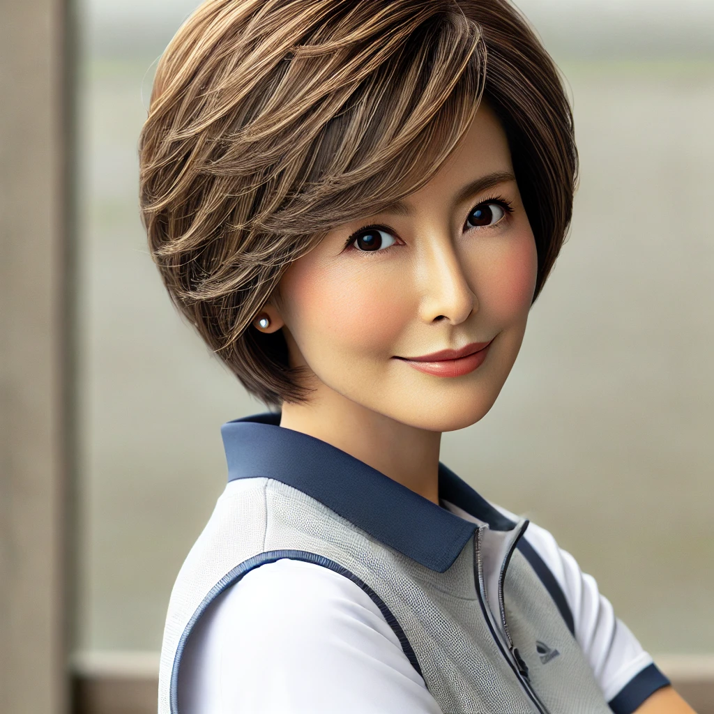 A-realistic-photograph-of-a-50-year-old-Japanese-woman-in-golf-wear-with-a-stylish-Natural-Short-Bob-hairstyle.-She-is-standing-in-a-relaxed-outdoor.webp