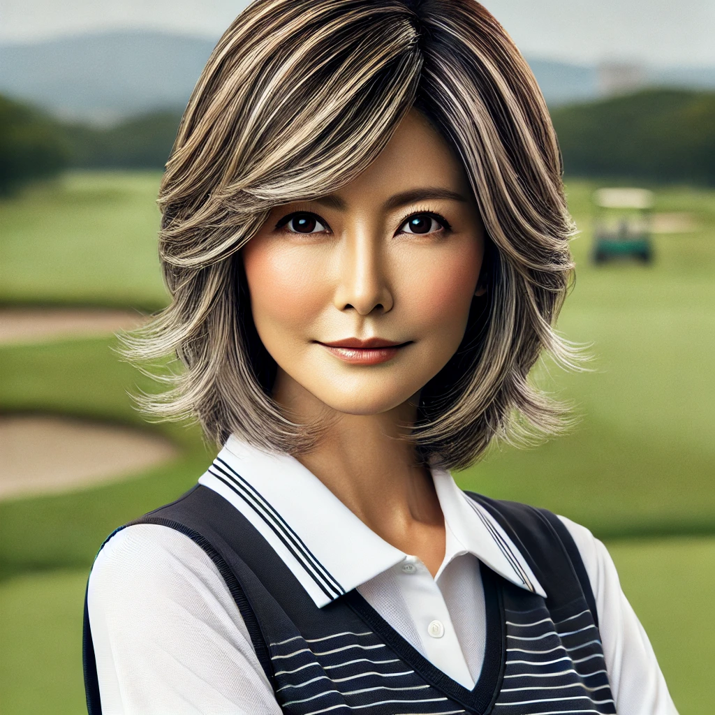 A-realistic-photograph-of-a-50-year-old-Japanese-woman-in-golf-wear-with-a-stylish-Wolf-Layer-Bob-hairstyle.-She-is-standing-on-a-golf-course-weari.webp