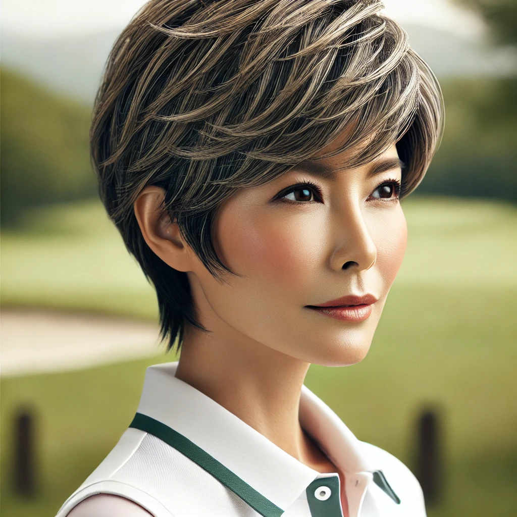 A-realistic-photograph-of-a-50-year-old-Japanese-woman-in-golf-wear-with-a-stylish-Wolf-Layer-Cut-hairstyle.-She-is-standing-outdoors-with-a-well-g.webp