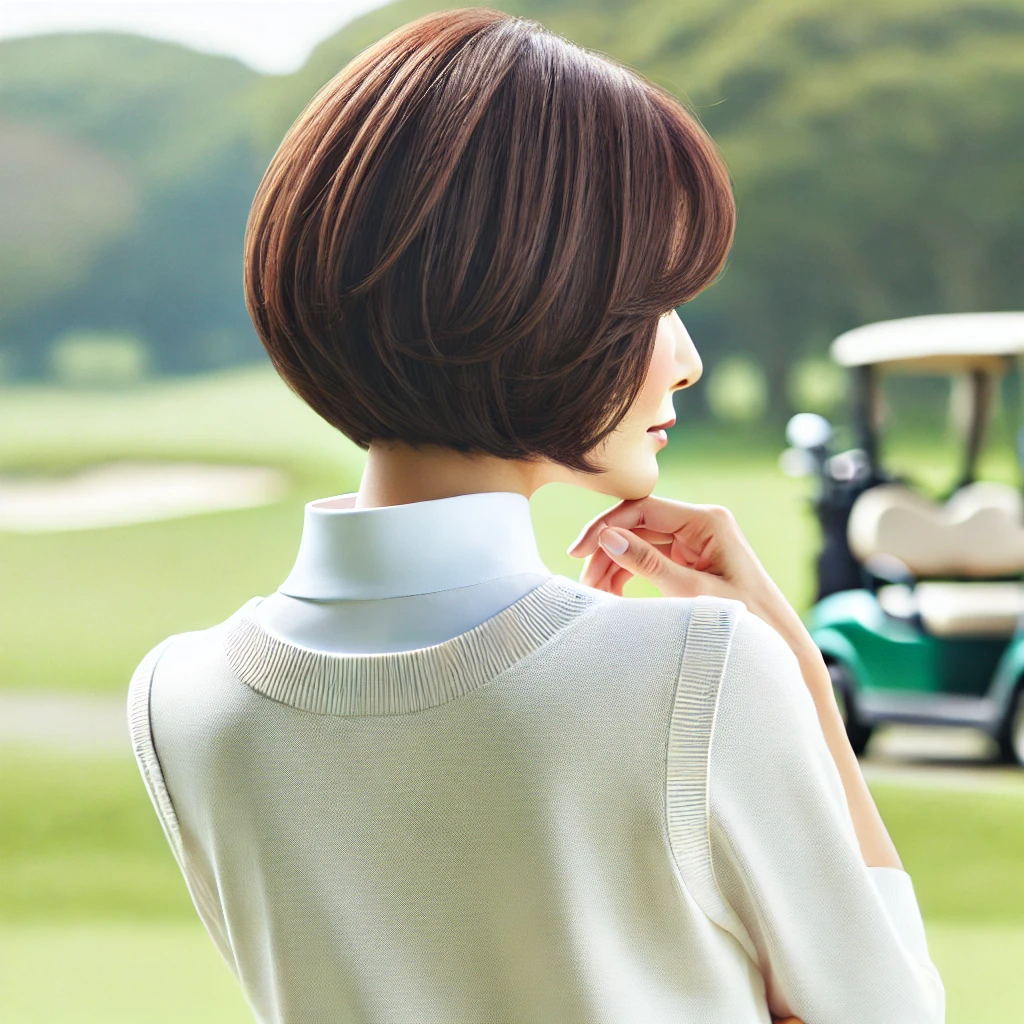 A-realistic-photograph-of-a-stylish-50-year-old-Japanese-woman-wearing-golf-attire-with-a-Layered-Bob-hairstyle.-The-image-should-be-set-outdoors-on.webp