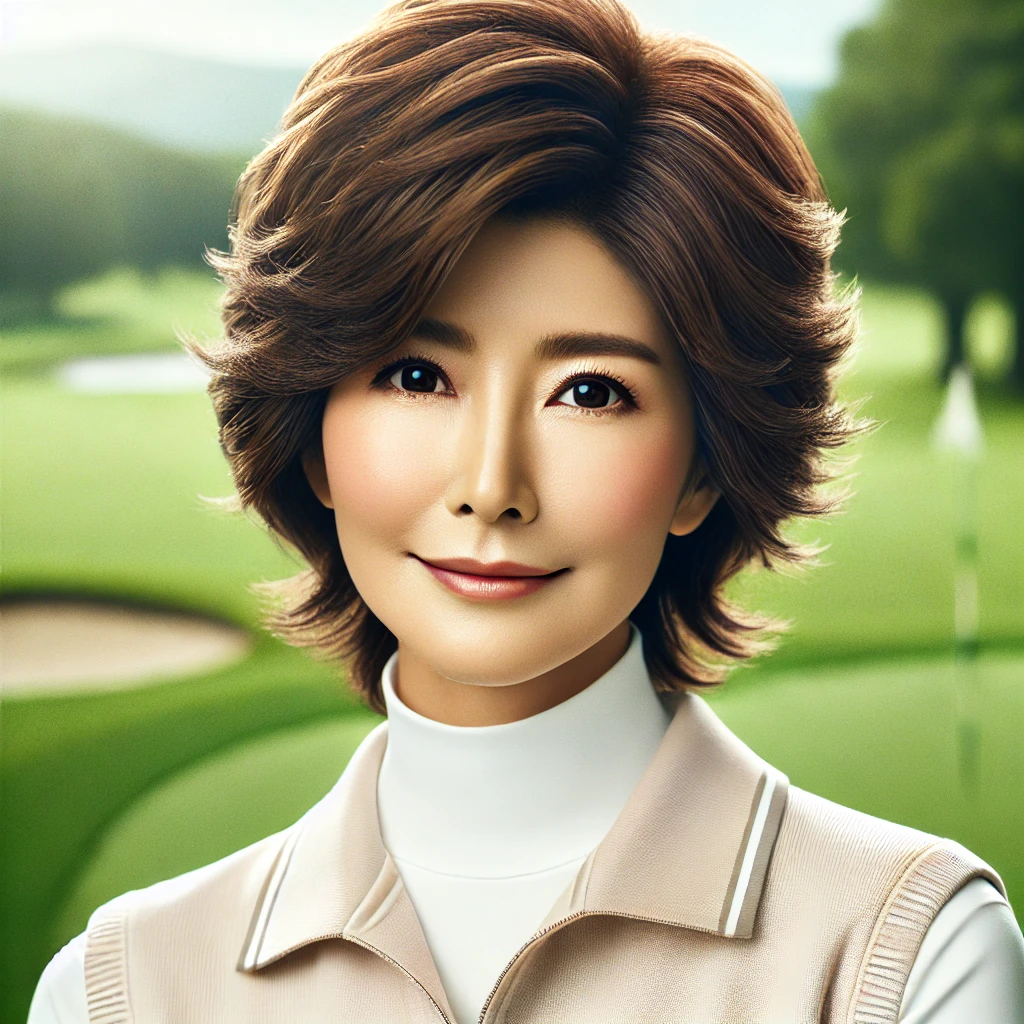 A-realistic-photograph-of-a-stylish-50-year-old-Japanese-woman-wearing-golf-attire-with-a-Fluffy-Layered-Cut-hairstyle.-The-image-should-be-set-outd.webp