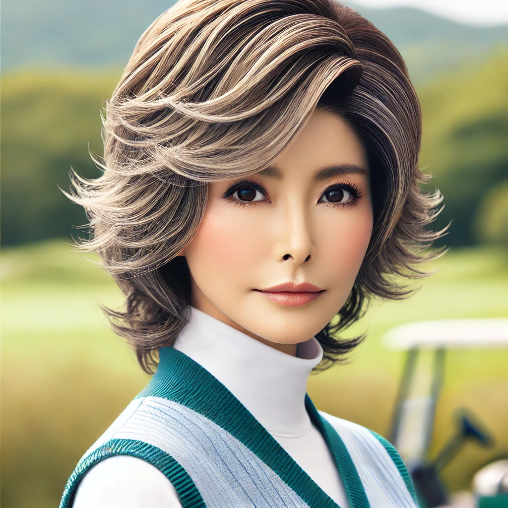 A-realistic-photograph-of-a-stylish-50-year-old-Japanese-woman-with-a-Wolf-Layer-and-Ravage-hairstyle-wearing-a-golf-outfit.-She-is-standing-outdoors.webp