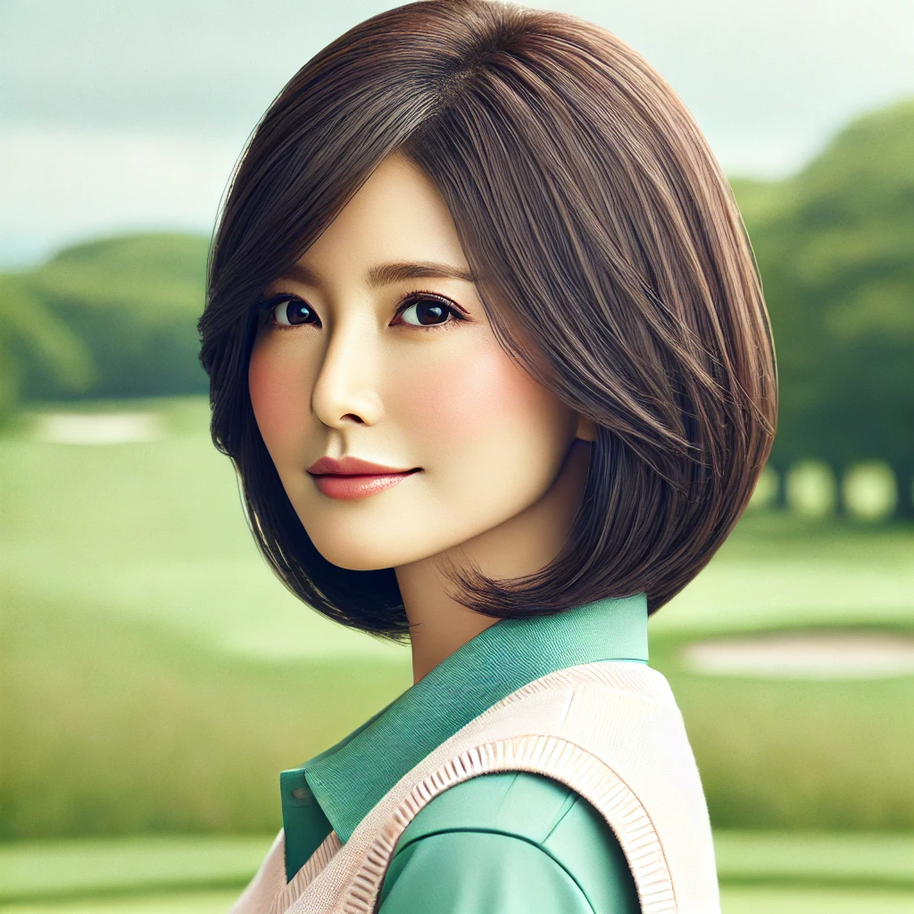 A-realistic-photograph-of-a-stylish-50-year-old-Japanese-woman-wearing-golf-attire-with-a-Medium-Bob-x-Air-Straight-hairstyle.-The-image-should-be-s.webp