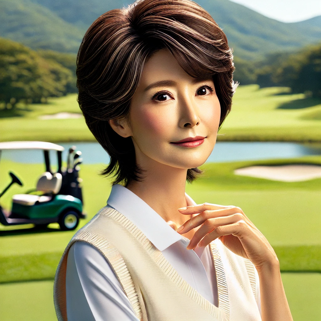 A-realistic-photograph-of-a-stylish-50-year-old-Japanese-woman-wearing-golf-attire-with-a-Volume-Up-Cut-hairstyle.-The-image-should-be-set-outdoors-.webp