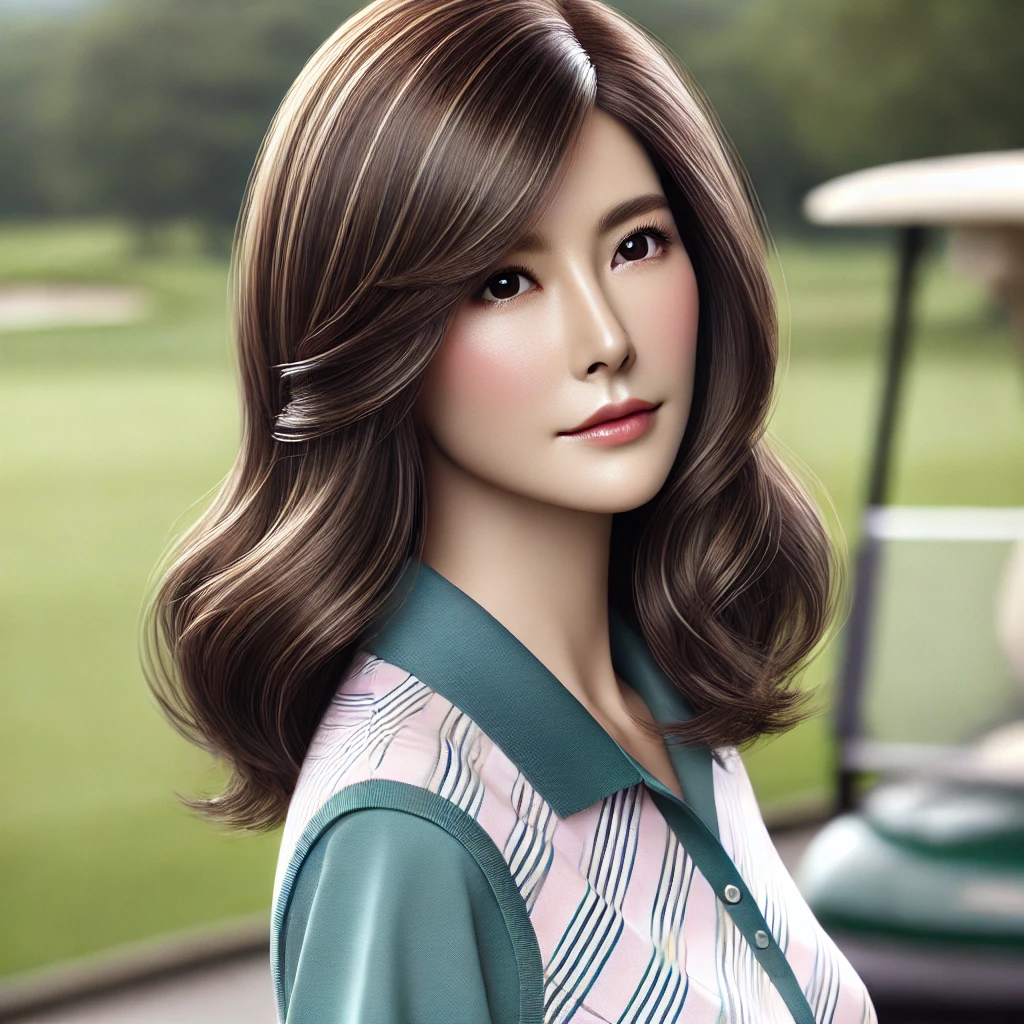 A-realistic-photograph-of-a-stylish-50-year-old-Japanese-woman-wearing-a-golf-outfit.-Her-hairstyle-is-a-smooth-and-glossy-medium-length-hair-with-a-s.webp