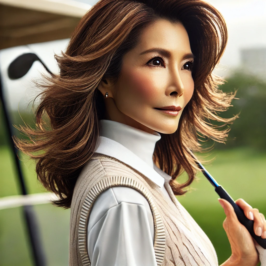 A-realistic-photograph-of-a-stylish-50-year-old-Japanese-woman-wearing-golf-wear-showcasing-a-sophisticated-feathered-layer-hairstyle.-The-setting-.webp