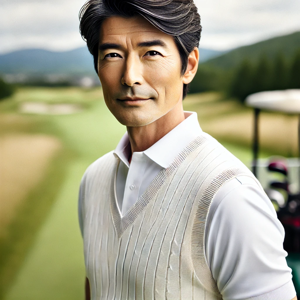 A-realistic-photograph-of-a-50-year-old-Japanese-man-wearing-golf-attire-styled-in-a-fresh-short-and-clean-cut-hair.-The-man-is-standing-on-a-golf-c.webp