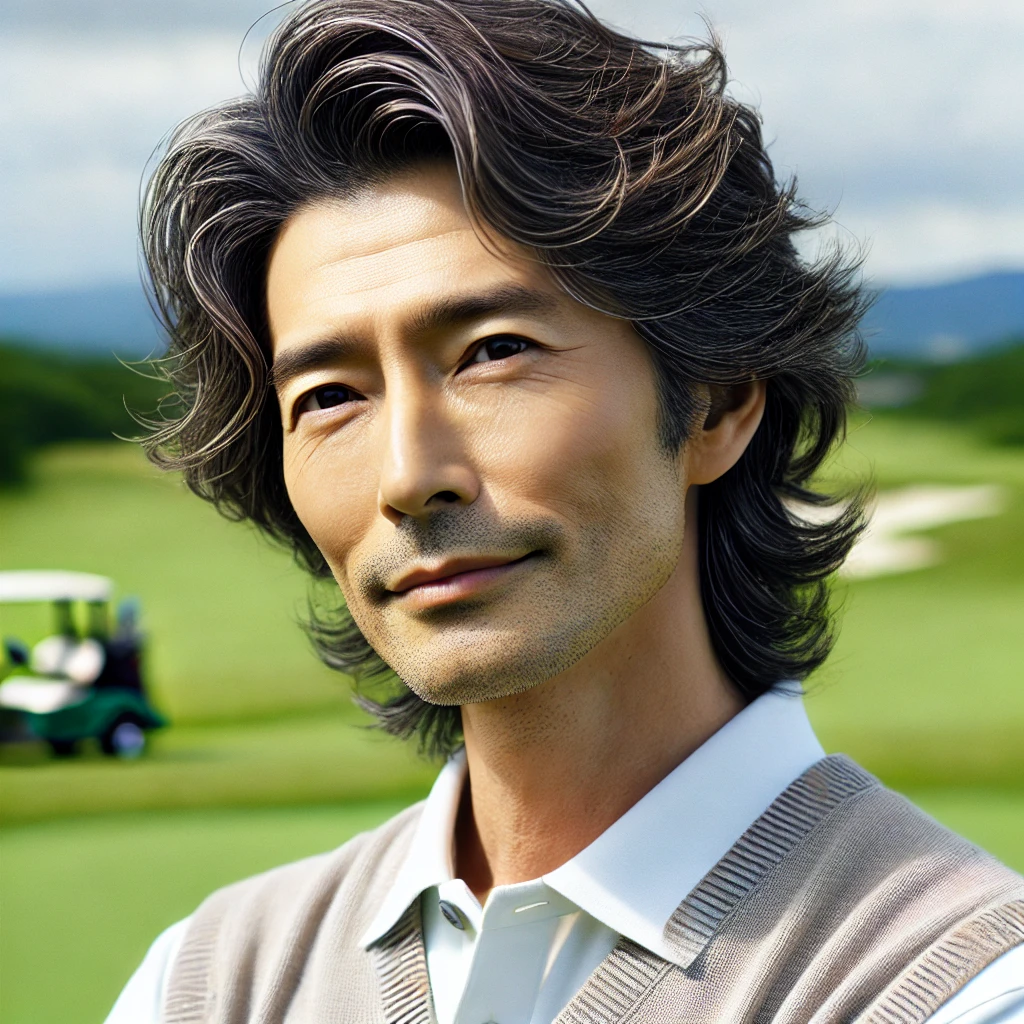 A-realistic-photograph-of-a-50-year-old-Japanese-man-wearing-golf-attire-styled-with-relaxed-loose-natural-wavy-hair-yurui-natural-perm.-The-man-s.webp