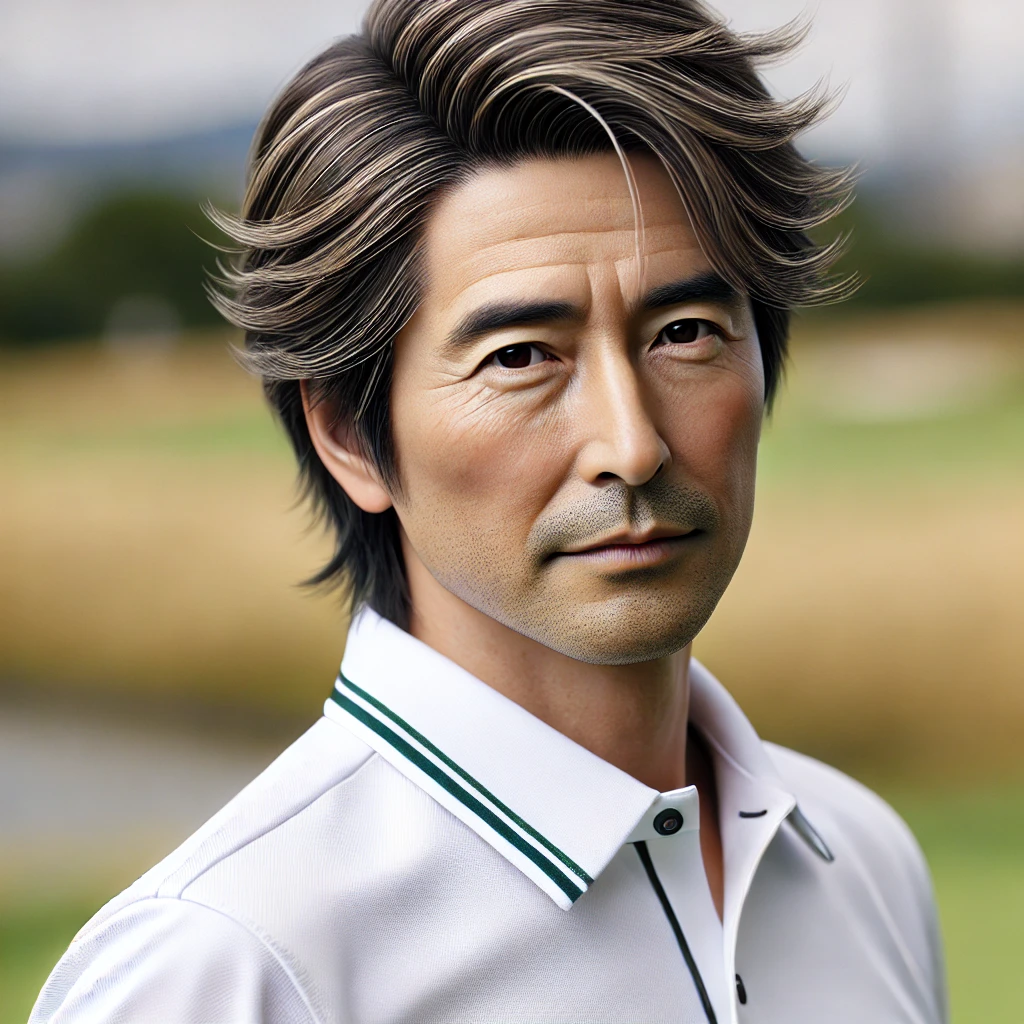 A-realistic-photograph-of-a-50-year-old-Japanese-man-wearing-golf-attire-with-neatly-styled-medium-length-hair.-The-man-is-posing-confidently-on-a-go.webp