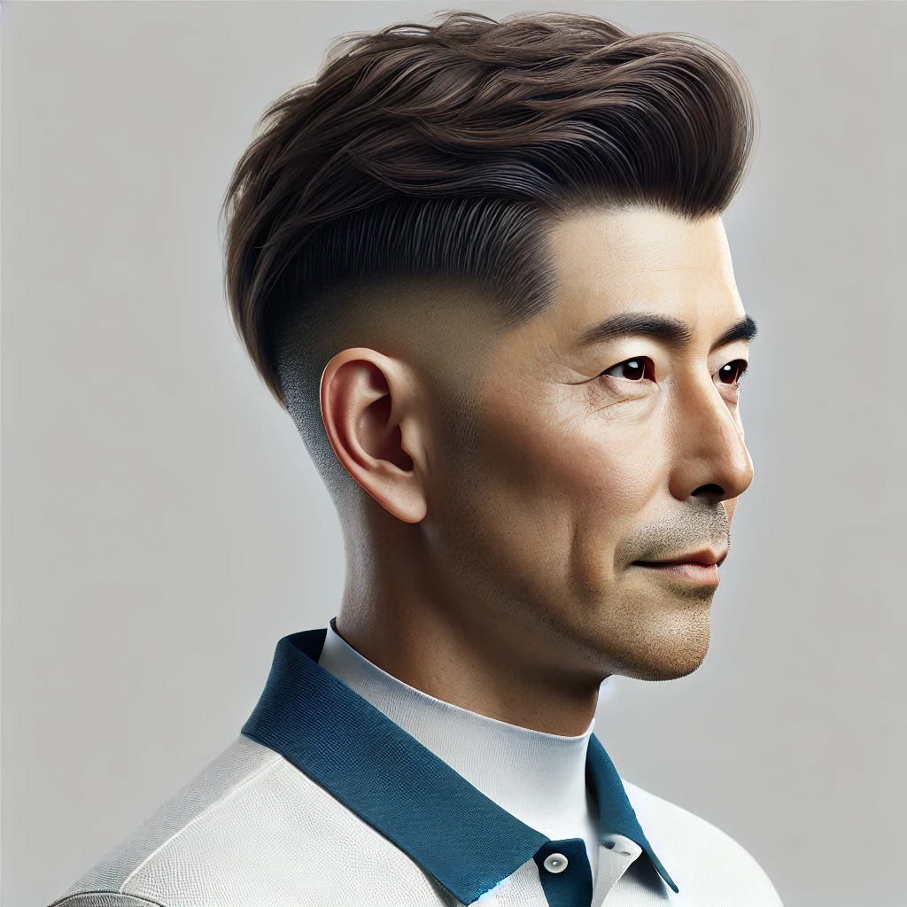 A-realistic-photograph-of-a-50-year-old-Japanese-man-in-golf-attire-styled-with-a-Skin-Fade-haircut.-The-man-has-a-trendy-sharp-fade-haircut-with.webp