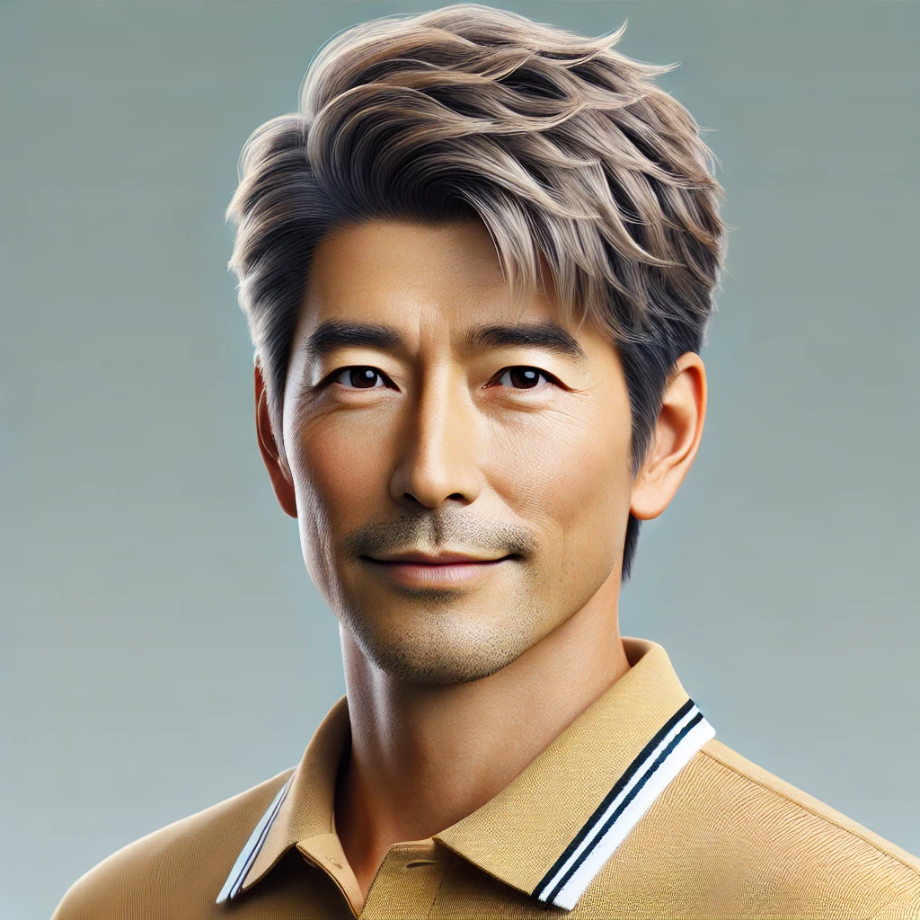 A-realistic-photograph-of-a-50-year-old-Japanese-man-in-golf-attire-styled-with-a-Short-Hair-with-Highlights-haircut.-The-man-has-short-hair-with-s.webp