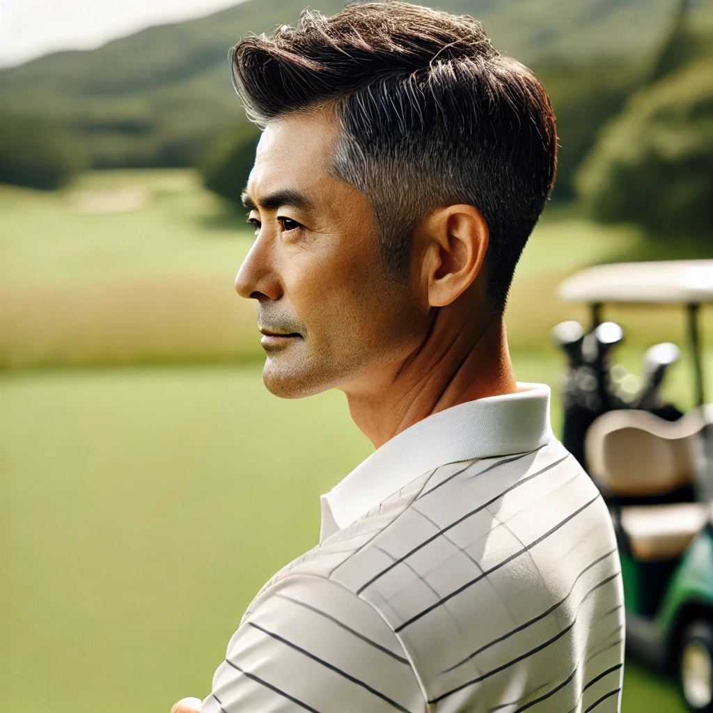 A-50-year-old-Japanese-man-with-a-Short-Fade-Cut-hairstyle-wearing-golf-attire.-The-scene-is-outdoors-on-a-golf-course-with-natural-lighting-and-.webp