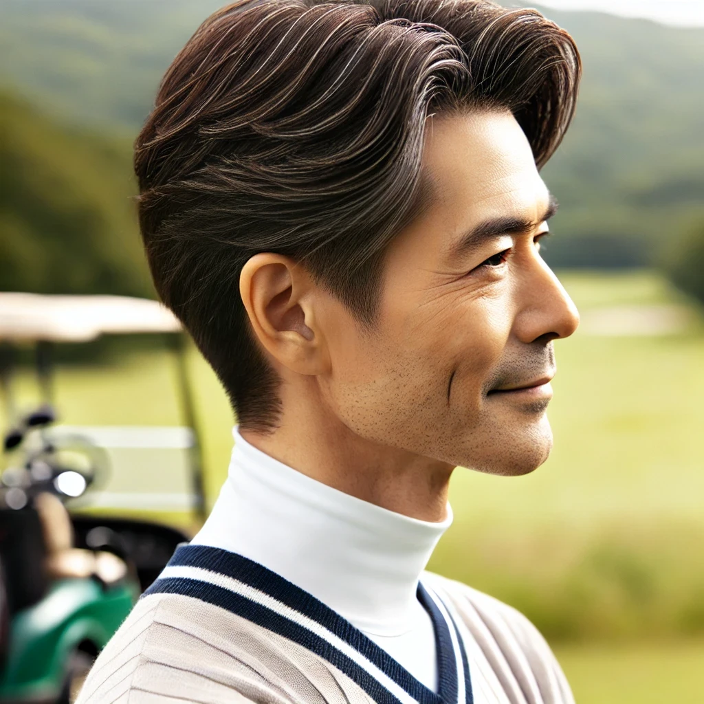 A-50-year-old-Japanese-man-with-a-stylish-Two-Block-hairstyle-wearing-golf-attire.-The-scene-is-outdoors-on-a-golf-course-with-natural-lighting-a.webp