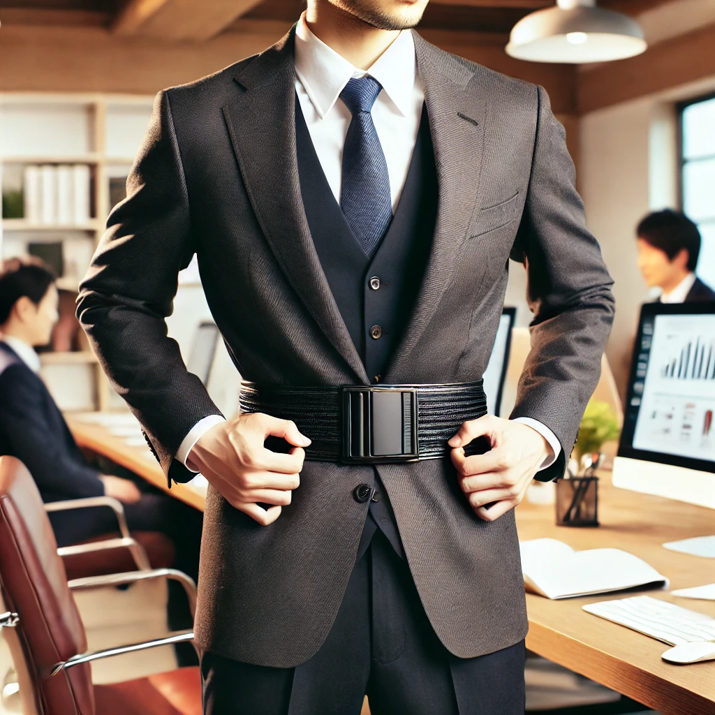 A-Japanese-businessperson-in-a-modern-office-setting-confidently-wearing-a-belt-underneath-their-suit.-The-person-is-standing-at-a-desk-or-engaging-i.webp