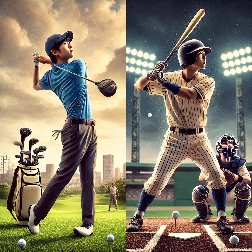 A-comparison-of-two-Japanese-athletes-one-playing-golf-and-the-other-playing-baseball.-The-golfer-is-mid-swing-and-the-baseball-player-is-preparing-t.webp