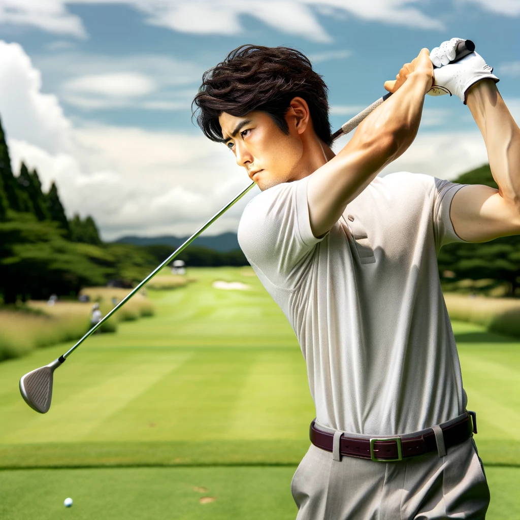 A-Japanese-golfer-on-a-golf-course-mid-swing-demonstrating-the-proper-technique-to-maintain-wrist-angle-during-a-golf-shot.-The-golfer-is-focused-on.webp